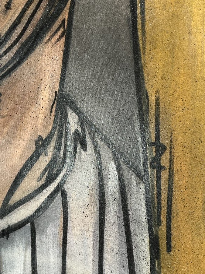 Macro detail of brushwork and canvas grain on a painted jersey