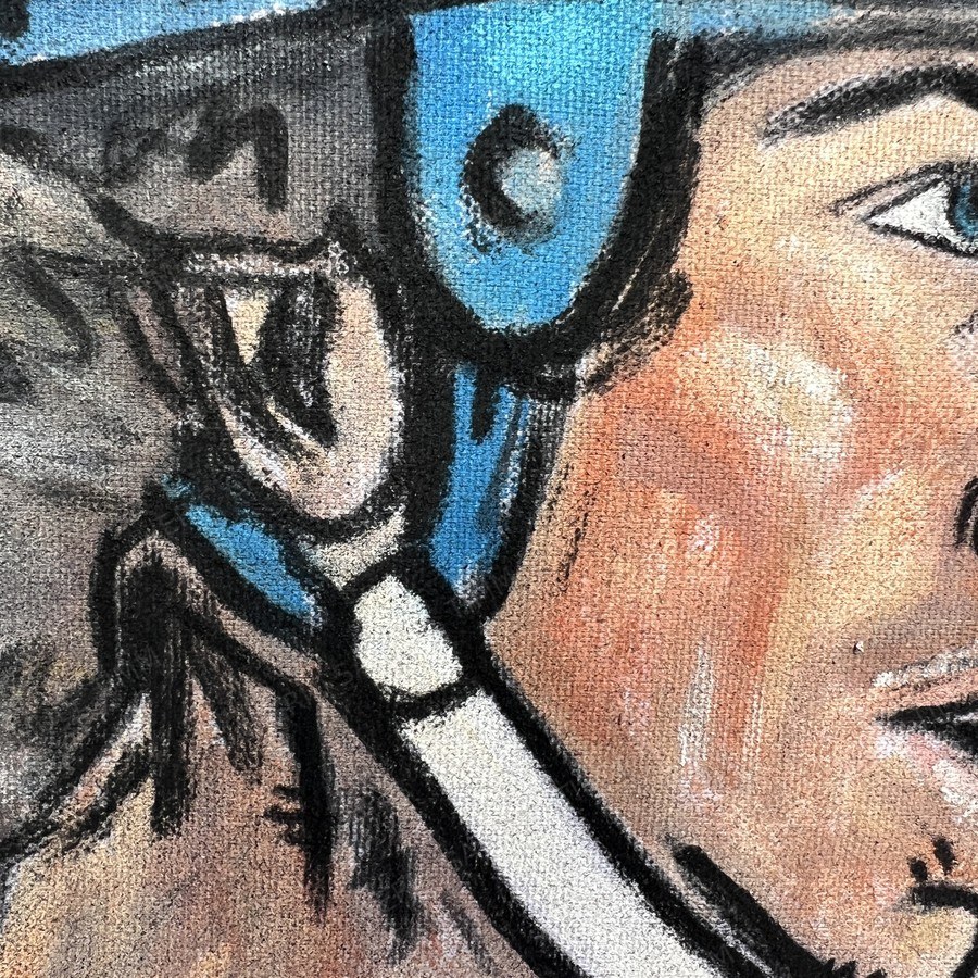 Macro detail of a painted helmet and face, canvas weave showing through