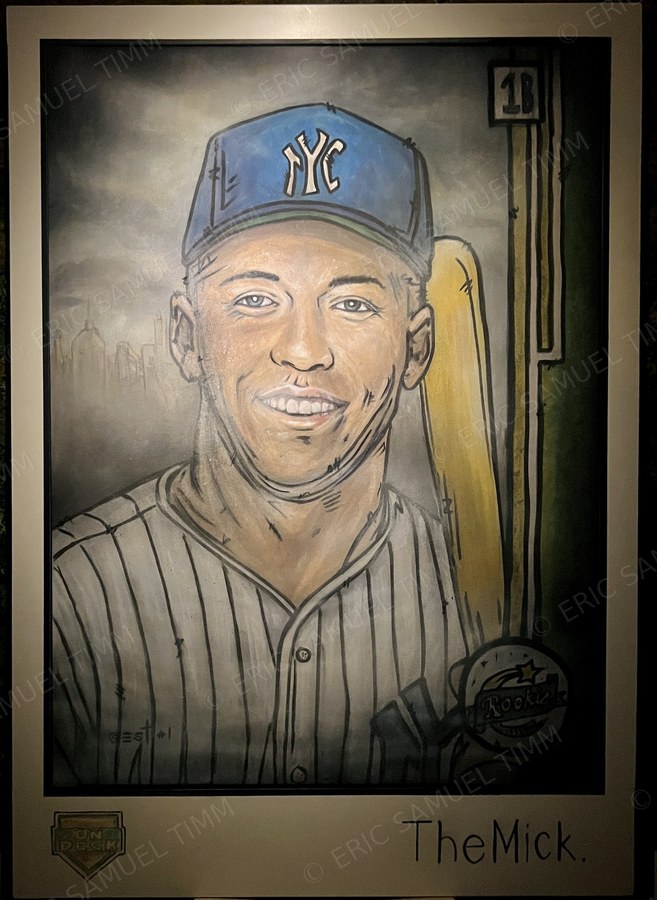Painting of a young Mickey Mantle smiling in Yankees pinstripes, "The Mick", rookie card style