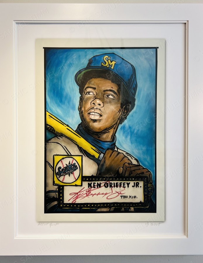 The Ken Griffey Jr. print, matted and framed on a wall