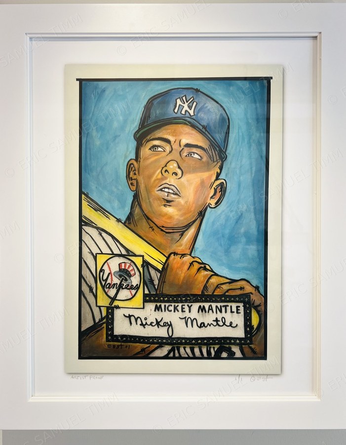 The Mickey Mantle print, matted and framed on a wall