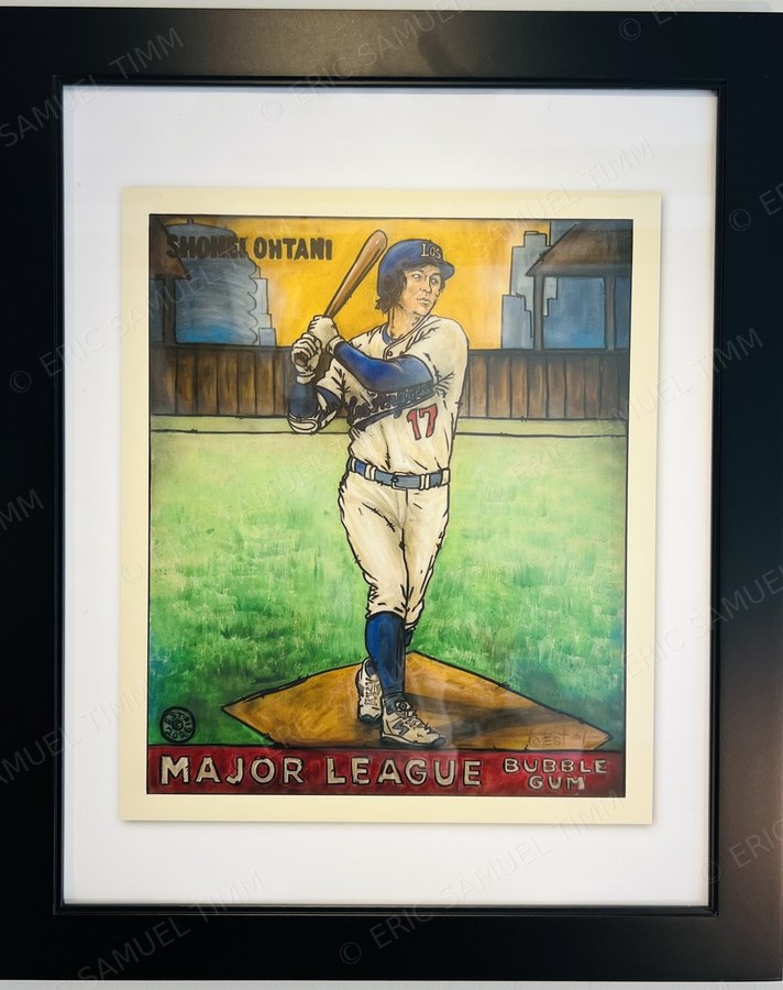 The Shohei Ohtani print, matted and framed on a wall